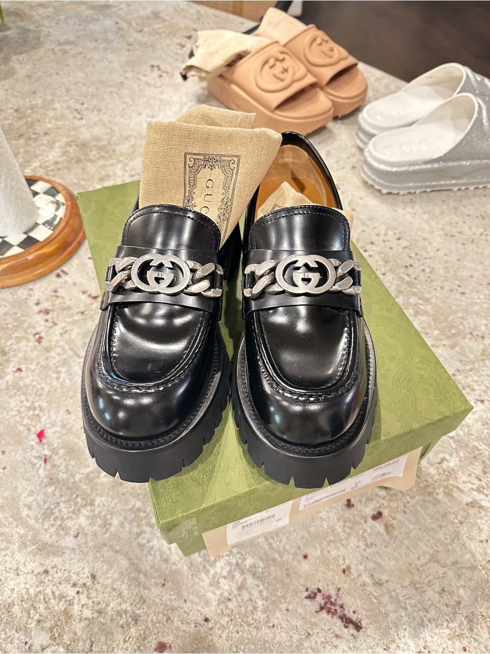 Gucci Black Chain Lug Loafers
